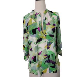 Chelsea Taylor Blouse Tunic Top Womens Size PM Sheer Flowy Roll Tab Sleeve NWT